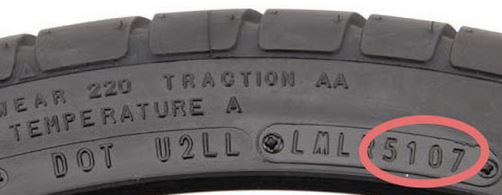 Una foto donde se aprecian diferentes Códigos en el flanco del neumático